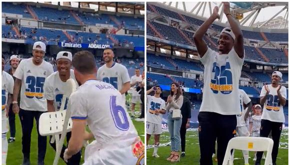 David Alaba celebró con una silla el título que ganó con Real Madrid en LaLiga Santander. (Foto: Captura)