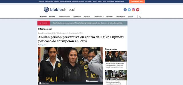 "Anulan prisión preventiva en contra de Keiko Fujimori por caso de corrupción en Perú", titula el medio BioBioChile.