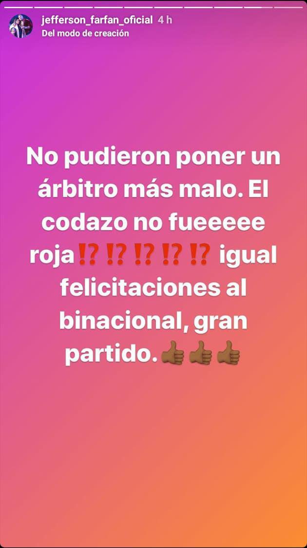 Jefferson Farfán arremetió contra el árbitro de la primera final de la Liga 1. (Foto: Instagram)