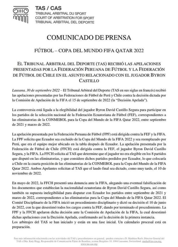 El TAS anunció que Perú y Chile presentaron apelación por el caso de Byron Castillo. (Foto: TAS)