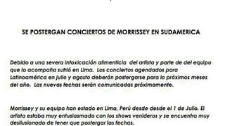 Morrissey posterga sus conciertos en Sudamérica por intoxicación 