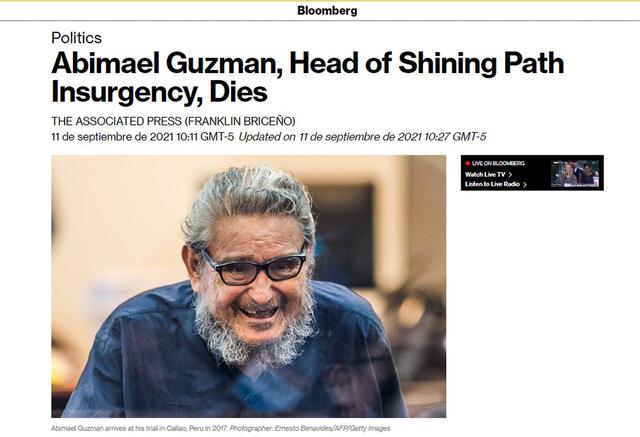 Murió el genocida Abimael Guzmán, a los 86 años y la prensa del mundo cubre el suceso. (Foto: portada Bloomberg)