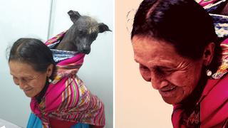 Anciana conmueve las redes cargando a su perro sin pelo en una manta andina 