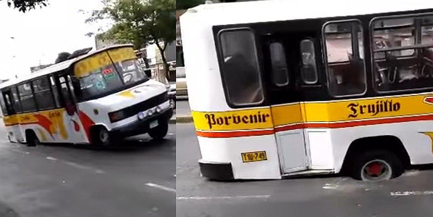 Trujillo: pista casi se traga bus repleto de pasajeros (VIDEO)