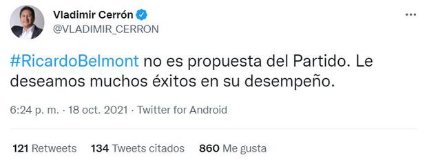 Vladimir Cerrón dijo que Ricardo Belmont no fue propuesto por Perú Libre como asesor presidencial. (Foto: Twitter Vladimir Cerrón)