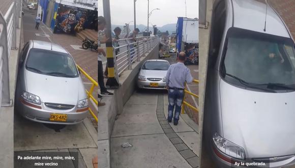 A pesar que el auto, claramente, no podía pasar por el puente peatonal, el conductor persistió en su deseo de cruzarlo. (Foto: Composición)