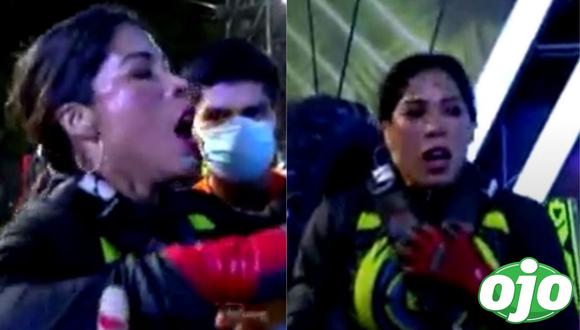 Karen Dejo se resbaló y cayó de espalda a la piscina. (Foto: Captura América TV).