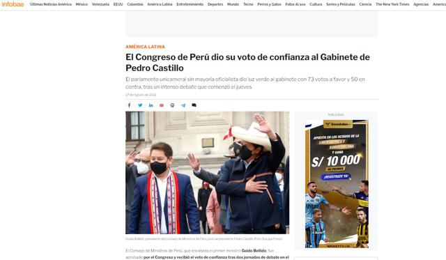 El medio argentino publicó que "El Congreso de Perú" le había dado su voto "de confianza al Gabinete de Pedro Castillo".  (Captura/Infobae).