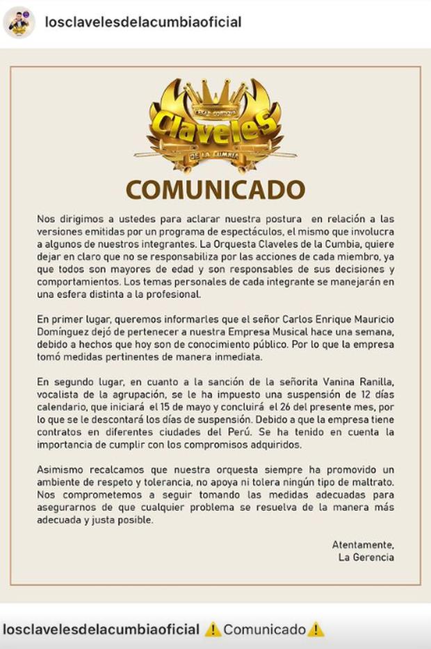 Comunicado de 'Los Claveles de la Cumbia'