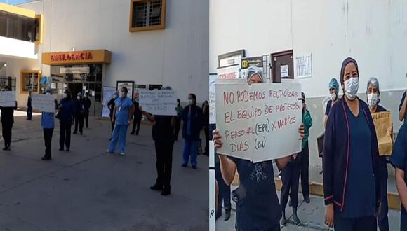 Arequipa: Trabajadores de limpieza y mantenimiento de hospital Honorio Delgado protestan pidiendo trajes de bioseguridad. (GEC)