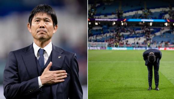 El gesto de reverencia de Hajime Moriyasu, DT de Japón, a los hinchas. (Foto: EFE)