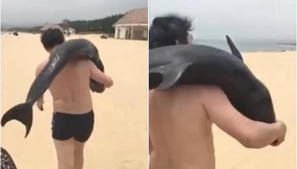 ​Buscan a fresco turista que se llevó a un delfín al hombro como un bulto