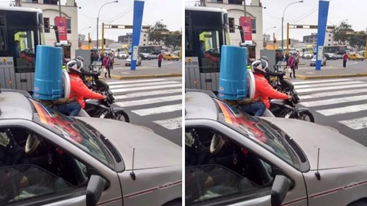 Hombre transporta dos baldes en la cabeza en una moto por la plaza Unión | FOTO