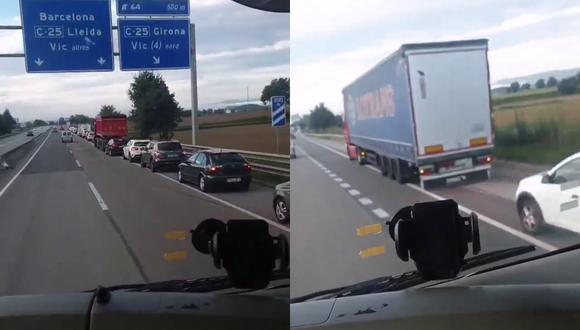 Un video viral muestra cómo un camionero se burla de los conductores atrapados en una falsa congestión vehicular en una carretera de España. | Crédito: @etfelicitofill / Twitter.