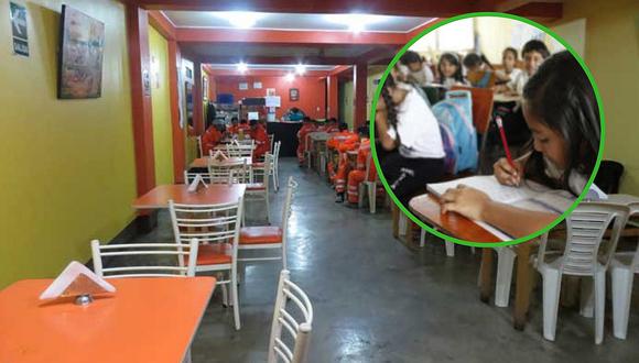 Niños estudian en un restaurante en Huancayo 