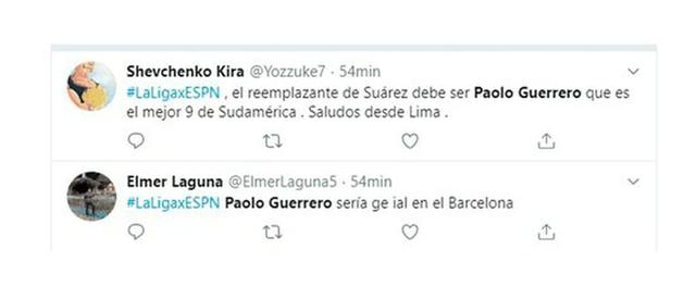 Hinchas peruanos piden a Paolo Guerrero en reemplazo de Luis Suárez en el Barcelona. (Foto/Captura: Twitter)