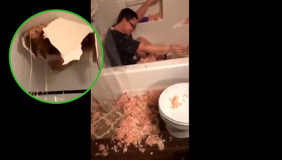 Madre rompe techo, cae en el baño y su hijo reacciona así (VIDEO)