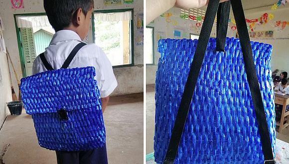 Papá sin dinero le fabrica su propia mochila escolar a su hijo | FOTOS