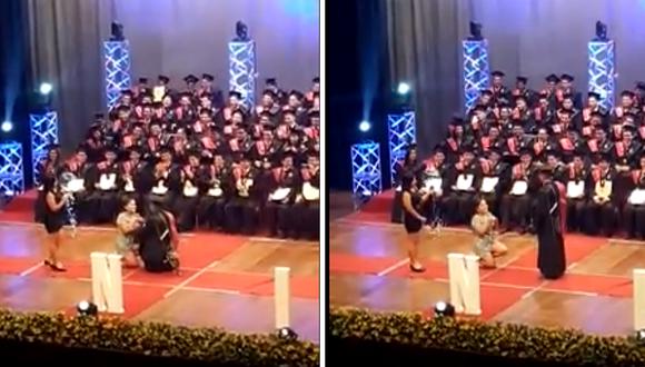 Mujer pide matrimonio a su pareja en plena ceremonia de graduación en la UNI (VIDEO)