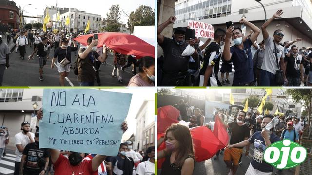 Decenas de personas decidieron reunirse en la Plaza San Martín para manifestarse en contra de las nuevas medidas restrictivas decretadas por el gobierno de Francisco Sagasti. (Fotos: Cesar Campos / @photo.gec).