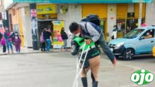 Policía en Chimbote carga a persona con discapacidad para que cruce la avenida