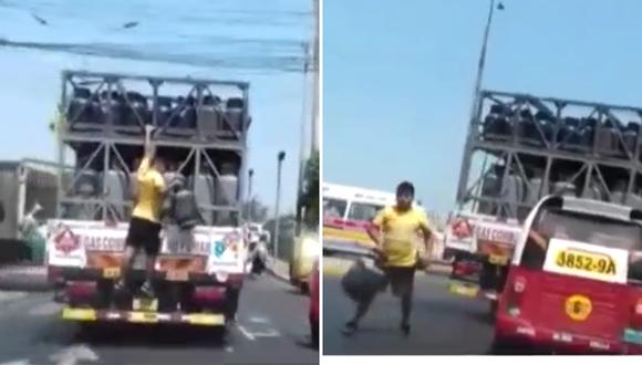 Sujeto trepa a camión en movimiento y roba balón de gas a plena luz del día (VIDEO)