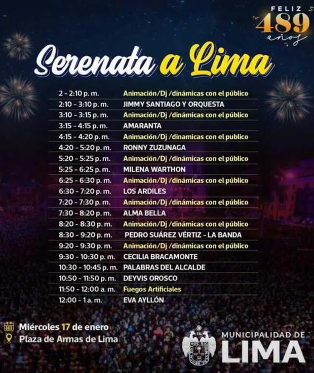Aniversario de Lima Horarios de conciertos y actividades del 17 y 18