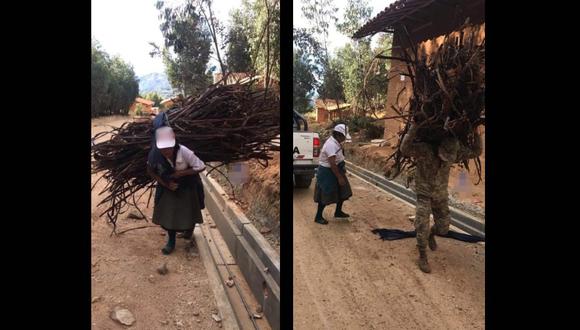 La Libertad: Soldado carga pesado montículo de leña que abuelita recolectó para cocinar en cuarentena.