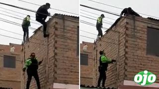 Policía intenta perseguir a ladrones por el techo de una casa, pero termina rompiendo todo