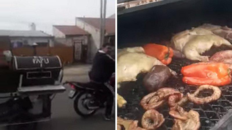 Hombre se la ingenia con su "parrilla móvil" para ganar dinero | VIDEO 