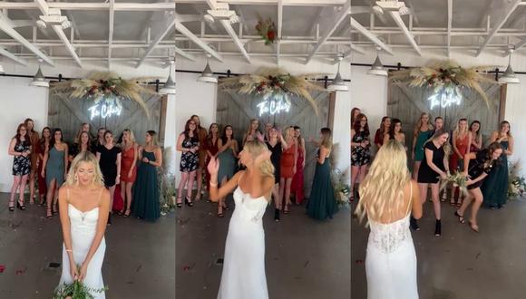 Un video viral muestra la exagerada reacción de la invitada de una boda para obtener a como dé lugar el ramo lanzado por la novia. | Crédito: u/Hppy_xmas_harry / Reddit.