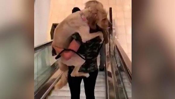 Perro se asusta en centro comercial y su dueña lo rescata