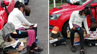 Mujer usa Internet de la calle para que sus hijos no pierdan las clases virtuales | FOTOS 