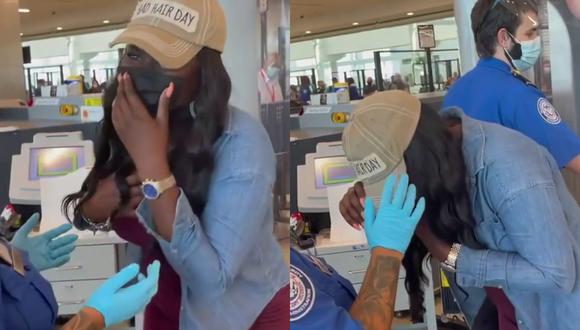 Un video viral muestra la curiosa reacción de una mujer que se quedó sin peluca durante una revisión de seguridad en un aeropuerto. | Crédito: @blaquechica954 / Instagram