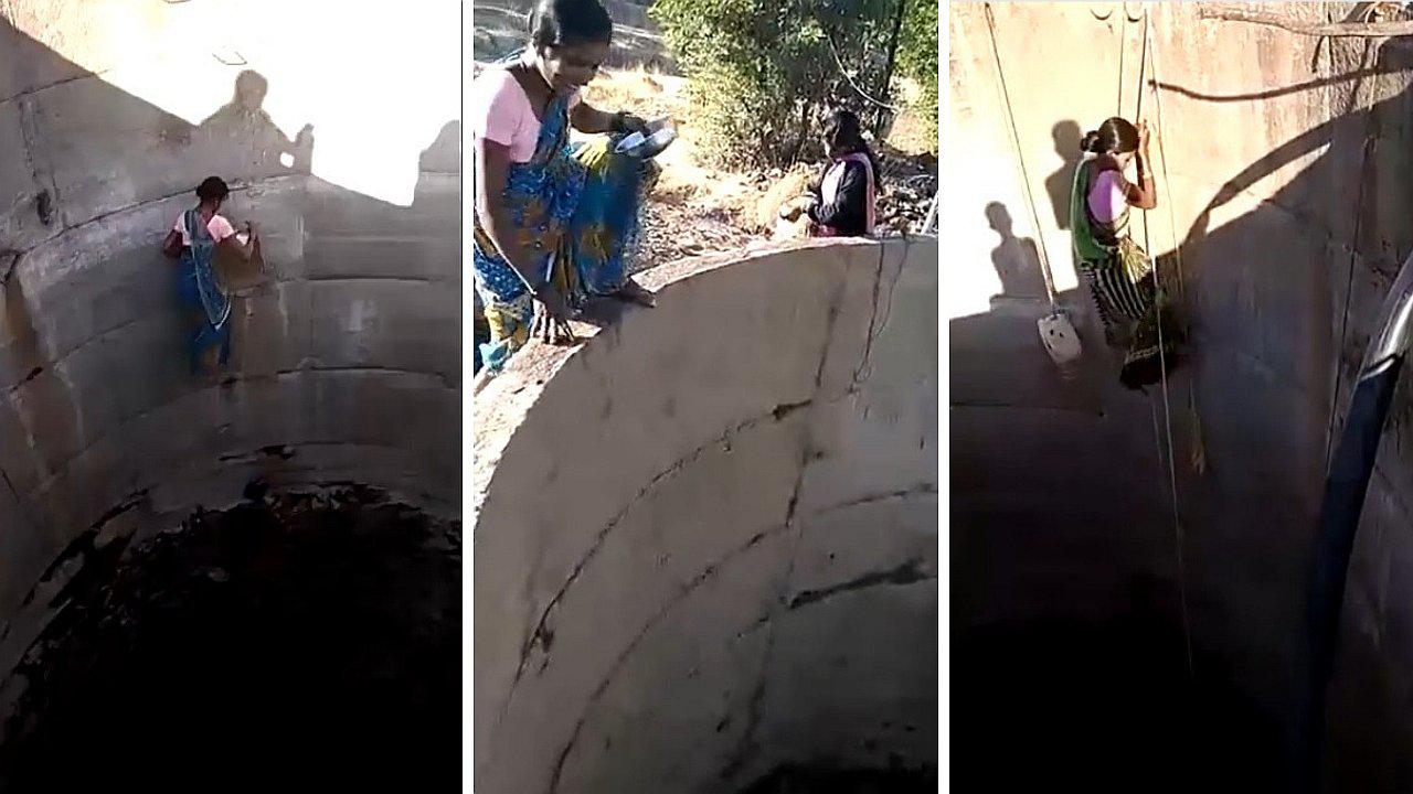 Mujeres arriesgan sus vidas al bajar a un pozo profundo sin soga para obtener agua (VIDEO)