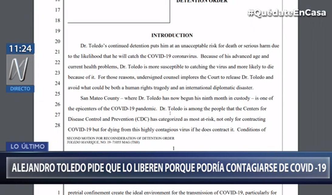 Alejandro Toledo, a través de su abogado, busca su liberación basándose en el riesgo de contraer coronavirus en prisión. (Canal N)