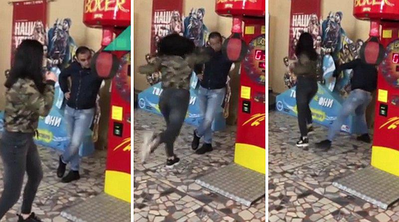 Mujer calcula mal en simulador de boxeo y golpea a su novio 