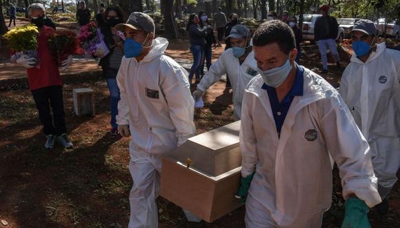 Imagen referencial. Los empleados llevan el ataúd de una persona que murió de COVID-19 en el cementerio de Vila Formosa, en las afueras de Sao Paulo, Brasil. (NELSON ALMEIDA / AFP).
