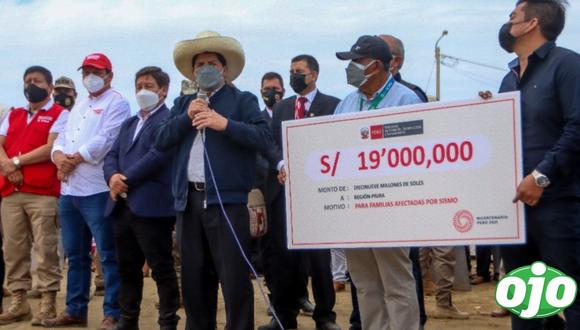 Pedro Castillo lleva millonario cheque de S/. 19 millones para damnificados por sismo en Piura