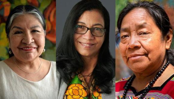 Las líderes indígenas Tarcila Rivera Zea, de Perú (Foto: Chirapaq), Lottie Cunningham Wren, de Nicaragua (Foto: Joe Jenkins/Right Livelihood Award) y Rosalina Tuyuc, de Guatemala (Foto: ONU Mujeres/Ryan Brown)