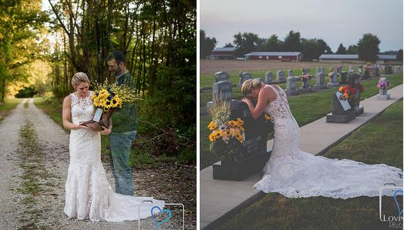 Novia realiza sesión de fotos frente a la tumba de su difunto novio en el día de la boda (FOTOS)