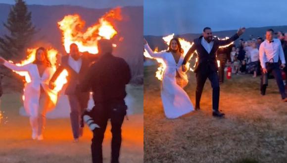 La pareja usó un gel anti quemaduras para proteger su cuerpo del impacto de las llamas. (Foto: @djrusspowell/composición)