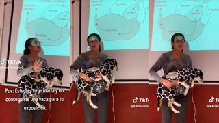 Estudiante de veterinaria disfraza a su perrita de una vaca para hacer su exposición: “Todo por las croquetas”