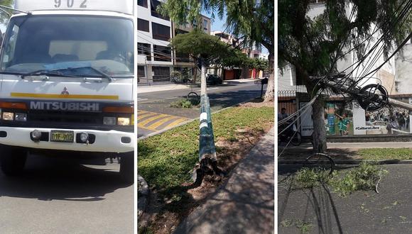 Conductor bota 2 postes y tres quedan inclinados en calle de San Isidro (FOTOS)