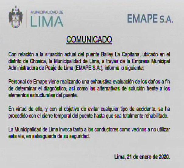 Comunicado de Municipalidad de Lima. (Foto: Captura/Canal N)