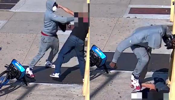 Ladrón golpeando y pisoteando el rostro de su víctima durante un asalto registrado en Brooklyn, Nueva York. (Foto: captura de pantalla | Twitter | Policía NYPD)