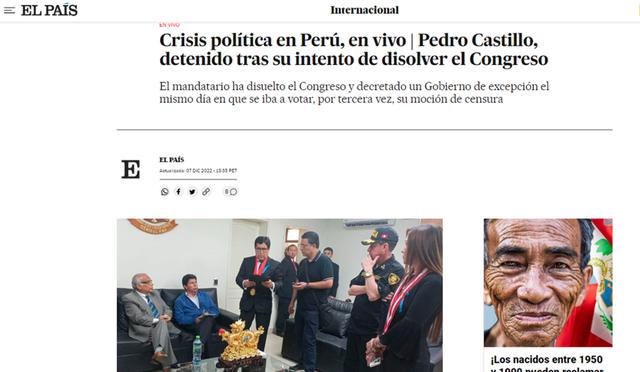 Pedro Castillo fue detenido este miércoles y se encuentra en la sede de la prefectura de la Policía de Lima, poco después de ser destituido por el Congreso. (Fuente: EFE / Foto: Captura El País)