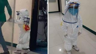 Madre disfraza a su menor hijo de astronauta para protegerlo contra el COVID-19 en un hospital | FOTOS