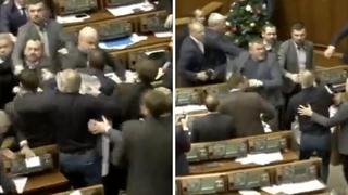Congresistas se agarran a golpes por cartel en Ucrania (VIDEO)