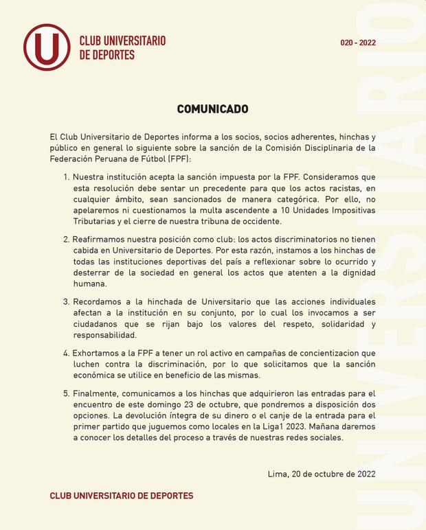 El comunicado de Universitario de Deportes tras la sanción.